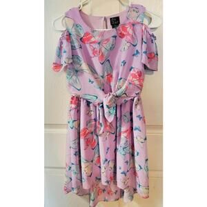 Girls pink & violet butterfly cold shoulder dress size large 10-12 multi colors